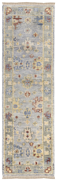 12' Floral Hand Knotted Runner Rug With Fringe - Blue
