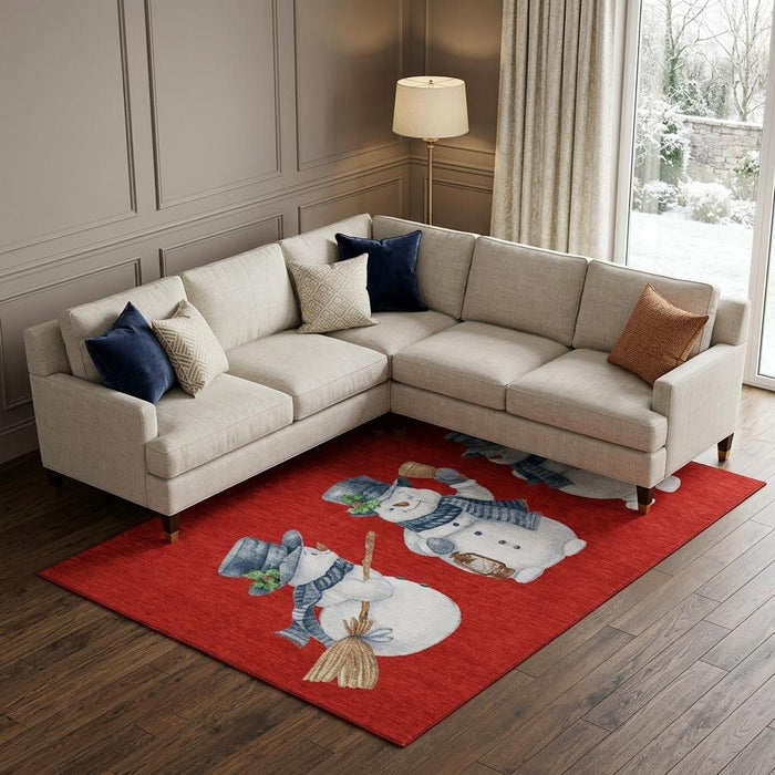10' X 14' Christmas Snowmen Washable Area Rug With UV Protection (702425) - Red / White