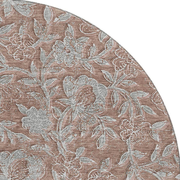 8' Floral Washable Round Rug With UV Protection - Terra Cotta And Gray