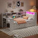 Giga platform storage bed with upholstered headboard, built-in desk, LED lighting, storage shelves, drawers, and charging station.