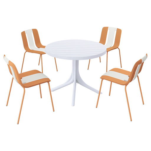 Set of four modern striped color blocking single chairs with a round table from Giga's 5-piece outdoor furniture set.