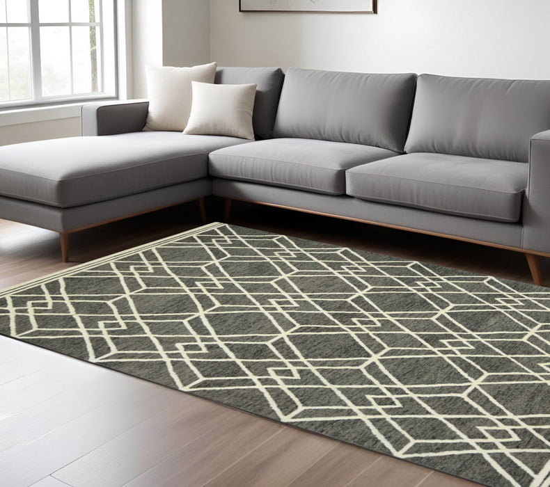 8' X 10' Wool Geometric Hand Hooked Area Rug - Dark Gray And Ivory