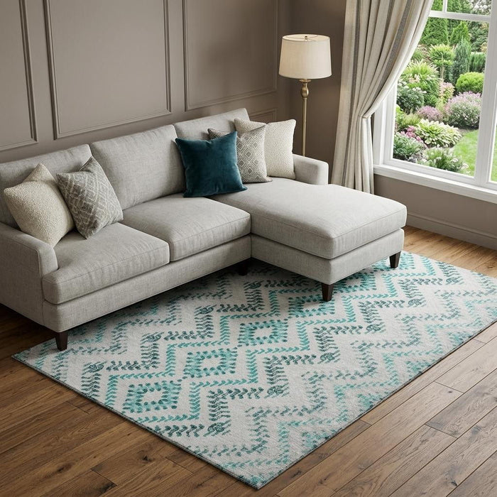 10' X 14' Geometric Washable Area Rug With UV Protection (656118) - Teal / Ivory