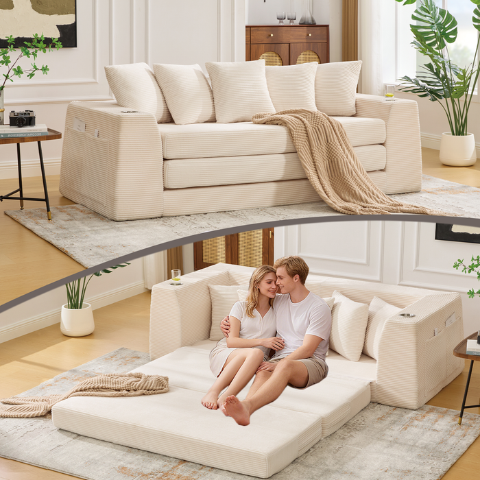 [NEW ARRIVED] [VIDEO PROVIDED]82.25' Convertible Sofa Bed,Loveseat Sleeper Sofa,2 in 1 Sofa, Corduroy Pull Out Sofa Bed,5 Pillows , Side Pocket,No Assembly, Two Cup Holders,Wide Armrest,3 Seat,Geige