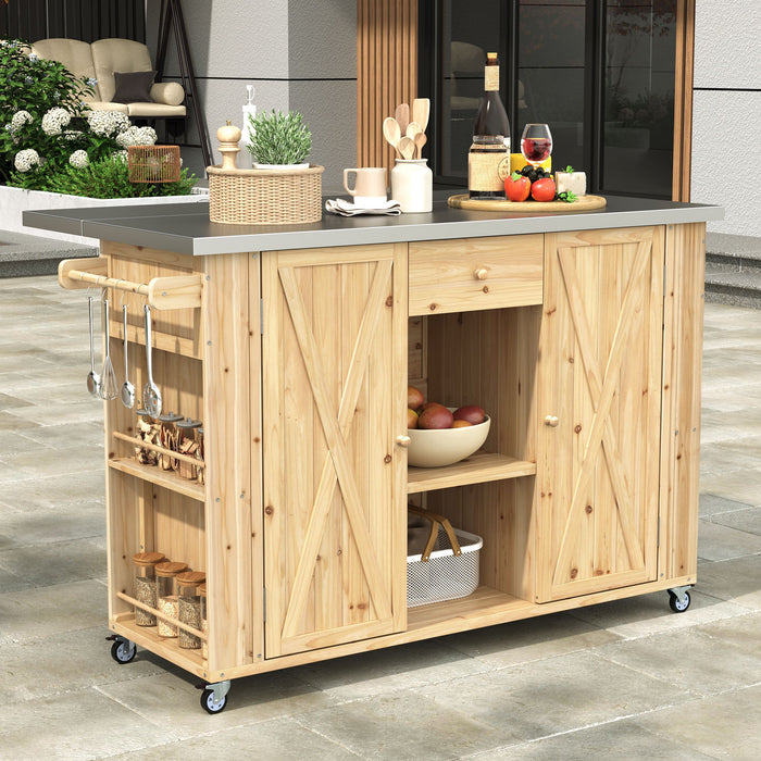 Giga outdoor kitchen island with stainless steel top, ample storage, towel and spice racks, and a built-in bottle opener.