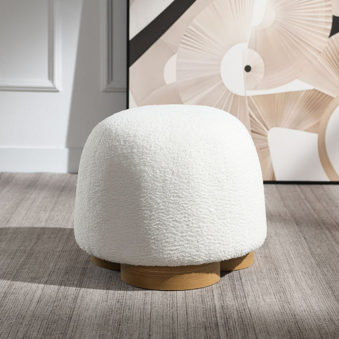 Giga round soft teddy fabric upholstered ottoman with metal accents, versatile stool ottoman for living room or bedroom decor.