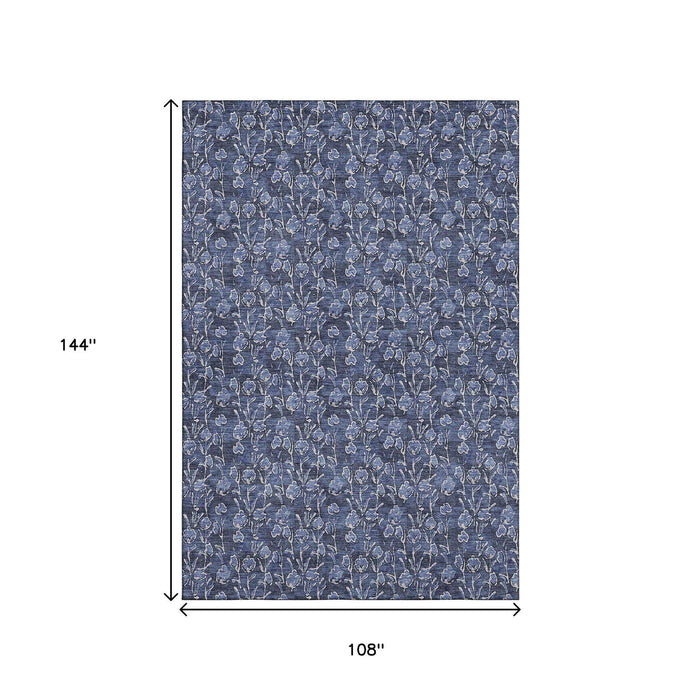 9' X 12' Floral Washable Area Rug With UV Protection (656453) - Navy Blue / Ivory