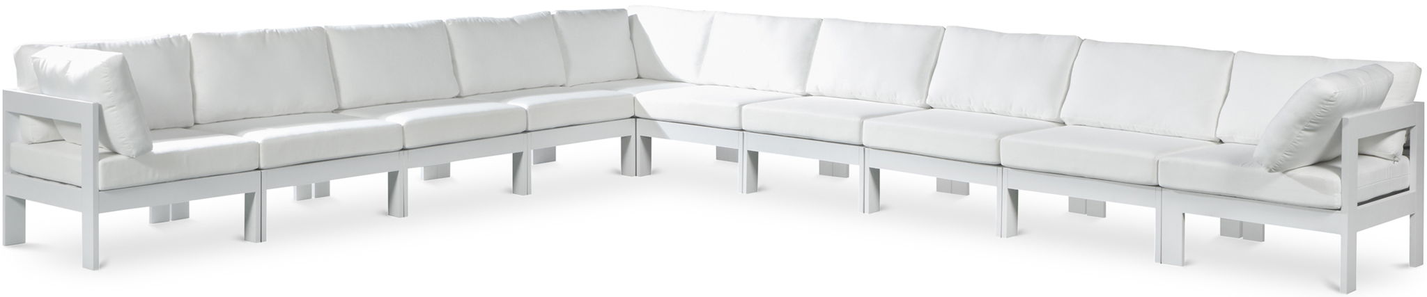 Outdoor patio Nizuc 10-piece modular sectional by Meridian Furniture with white frame, featuring plush seating and modern design.