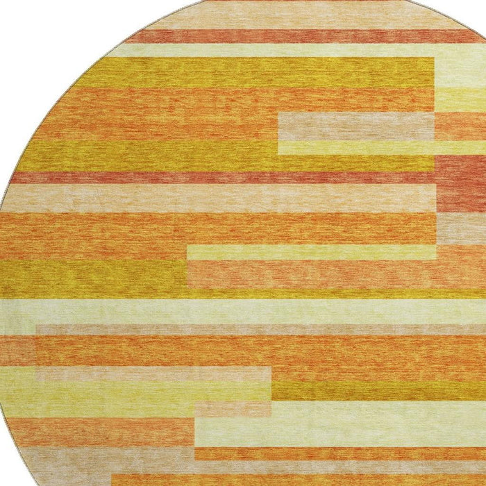8' Striped Washable Round Rug With UV Protection - Orange And Gold