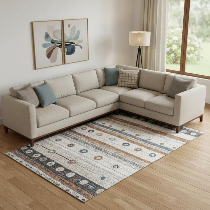 10' X 14' Striped Washable Area Rug With UV Protection (709564) - Copper / Ivory / Denim Blue