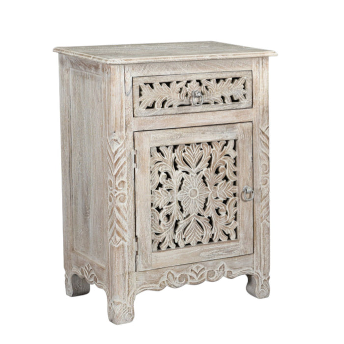 One Drawer Floral Carved Solid Wood Nightstand - Distressed White