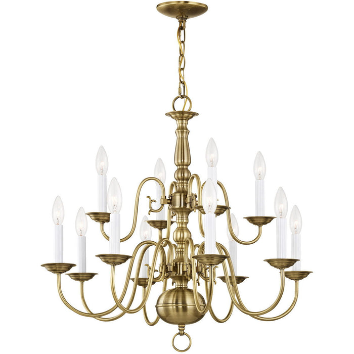 23" Twelve Light Dimmable Chandelier With Shades - Antiqued Brass