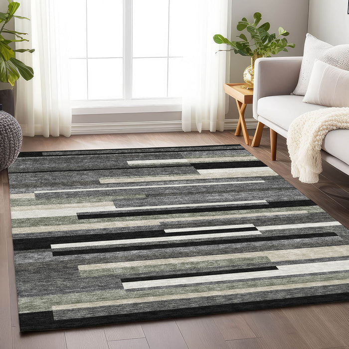 10' X 14' Striped Washable Area Rug With UV Protection - Black / Ivory