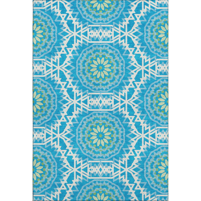 8' X 10' Geometric Washable Area Rug With UV Protection (652201) - Blue / Ivory / Olive Green