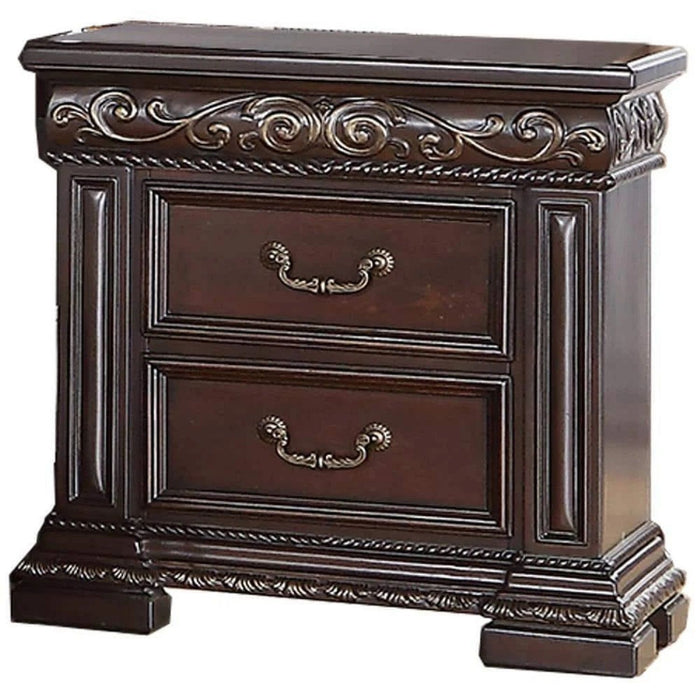 Cherry finish Giga 2-drawer accent nightstand with carved details, ideal for bedroom bedside table furniture.
