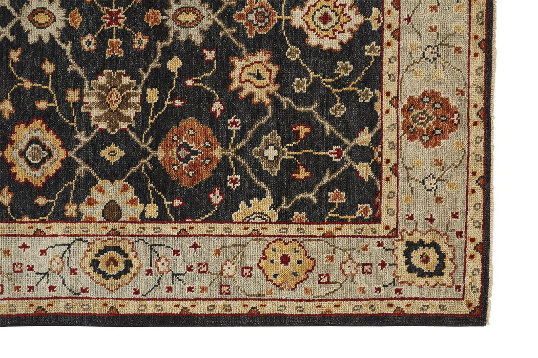10' x 13' Wool Floral Hand Knotted Stain Resistant Area Rug With Fringe - Black Gold And Gray