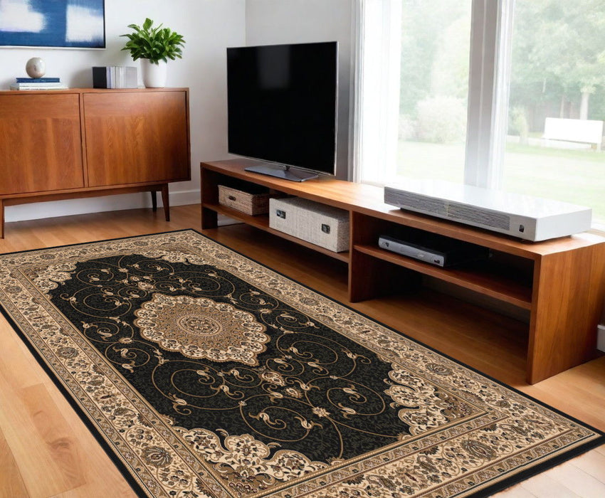 7.8' x 10.7' Medallion Power Loom Area Rug - Beige And Black