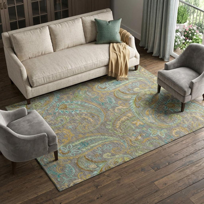 10' X 14' Paisley Washable Area Rug With UV Protection (648004) - Taupe / Green / Blue