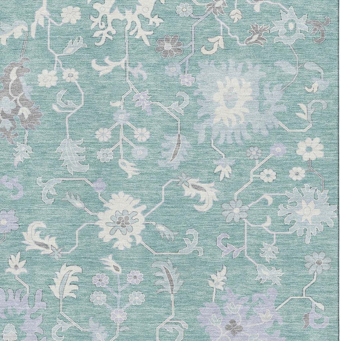 10' X 14' Floral Washable Area Rug With UV Protection (705923) - Pale Aqua / Ivory