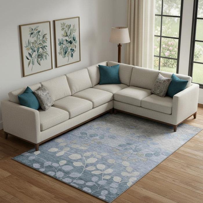 10' X 14' Floral Washable Area Rug With UV Protection (707485) - Denim Blue / Gray