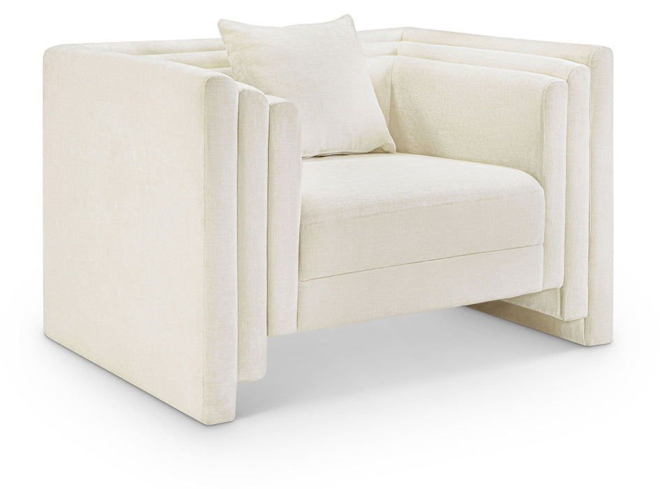 Elegant Meridian Furniture Everett arm chair with plush upholstery and wooden legs, perfect for modern living rooms.