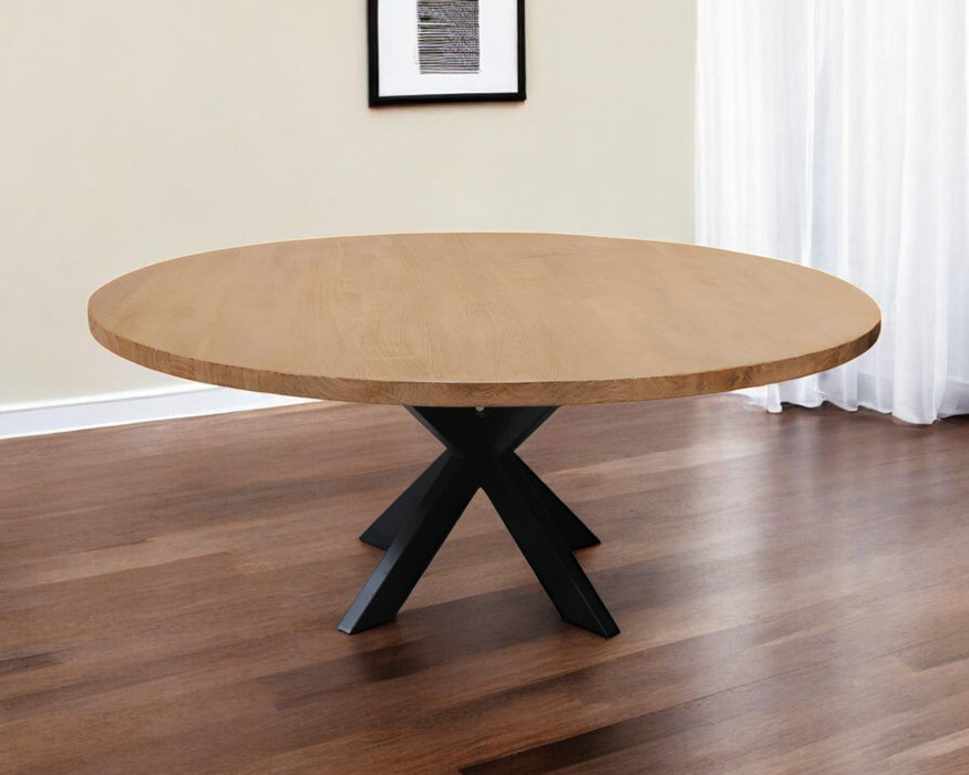 60" Rounded Solid Wood And Iron Pedestal Base Dining Table - Natural / Brown
