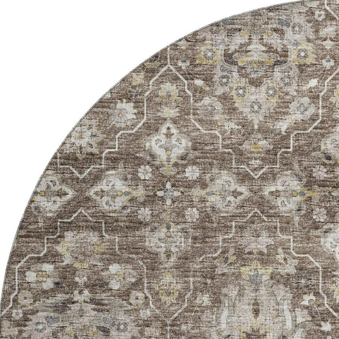8' Floral Medallion Distressed Washable Round Rug With UV Protection (644559) - Taupe / Ivory / Gold