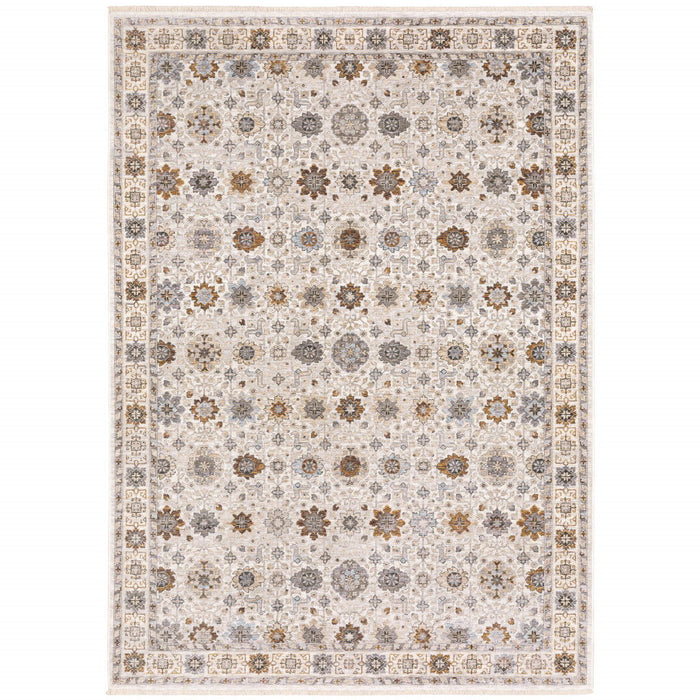 10' x 13' Oriental Power Loom Stain Resistant Area Rug With Fringe - Ivory And Gold