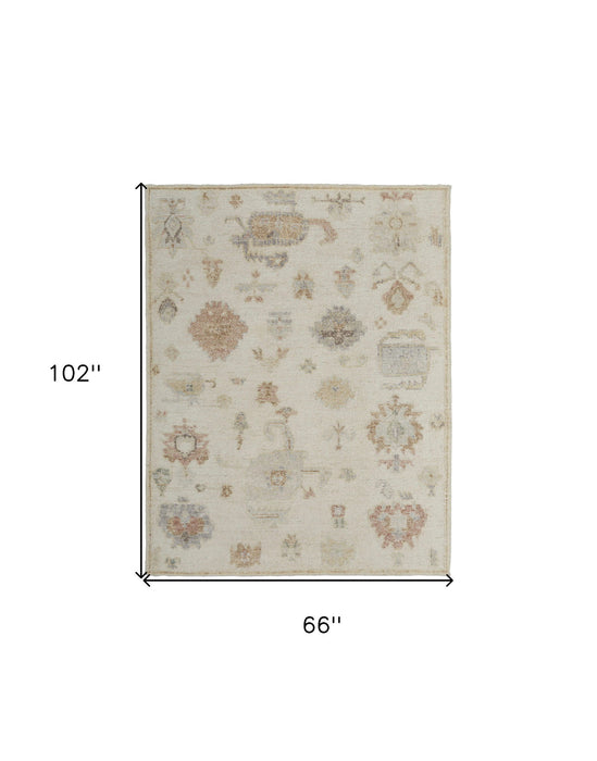 6' x 9' Wool Floral Hand Knotted Area Rug - Ivory Tan And Gray