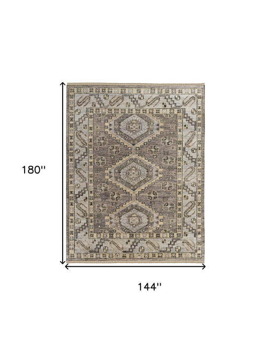12' x 15' Wool Geometric Hand Knotted Area Rug With Fringe - Gray And Brown