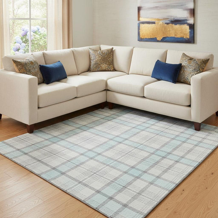 10' X 14' Plaid Washable Area Rug With UV Protection (682517) - Sky Blue / Ivory / Gray