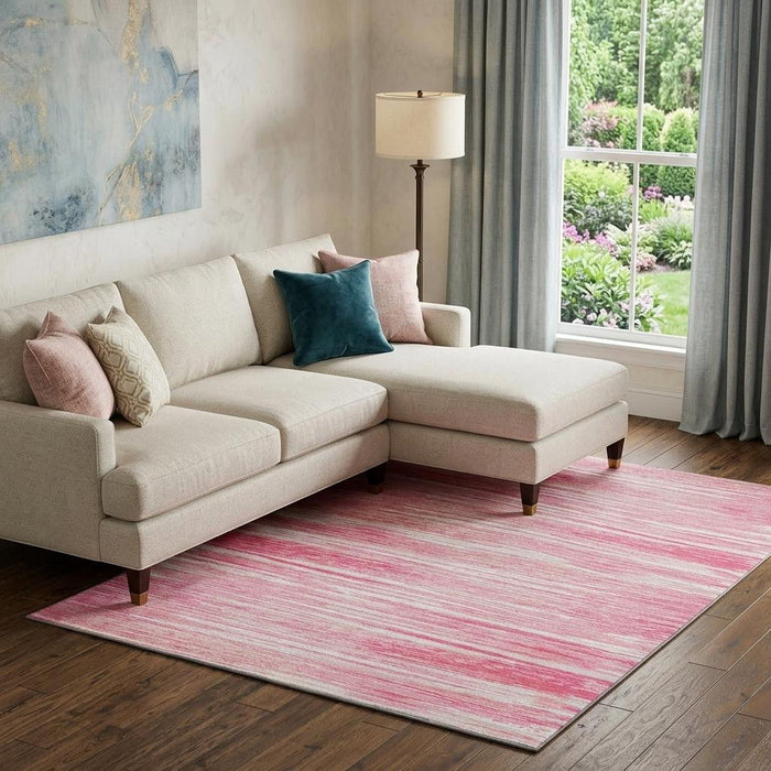 10' X 14' Striped Washable Area Rug With UV Protection (671252) - Pink / Ivory