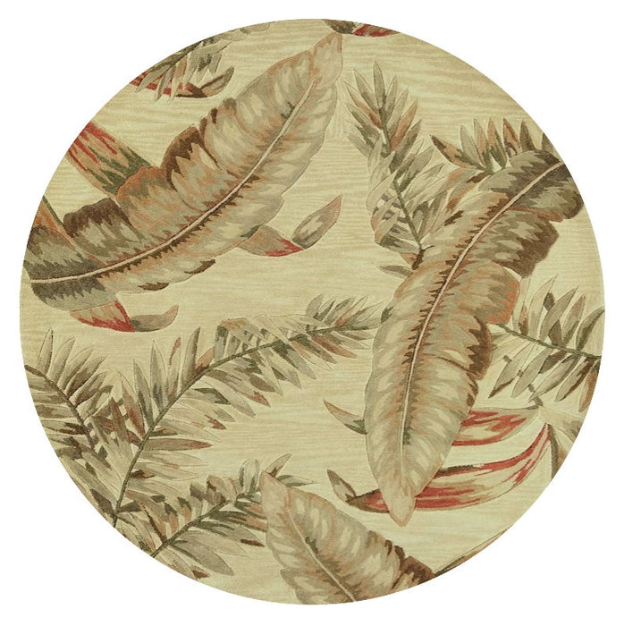 5' Wool Tropical Botanical Hand Tufted Round Rug - Light Brown And Brown