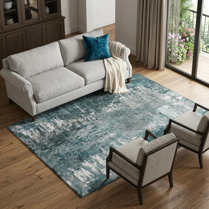10' X 14' Abstract Washable Area Rug With UV Protection (657527) - Teal / Ivory