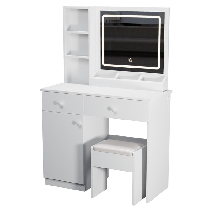 Giga white fashion vanity desk with mirror, adjustable lights, and two drawers, ideal for makeup and beauty routines.