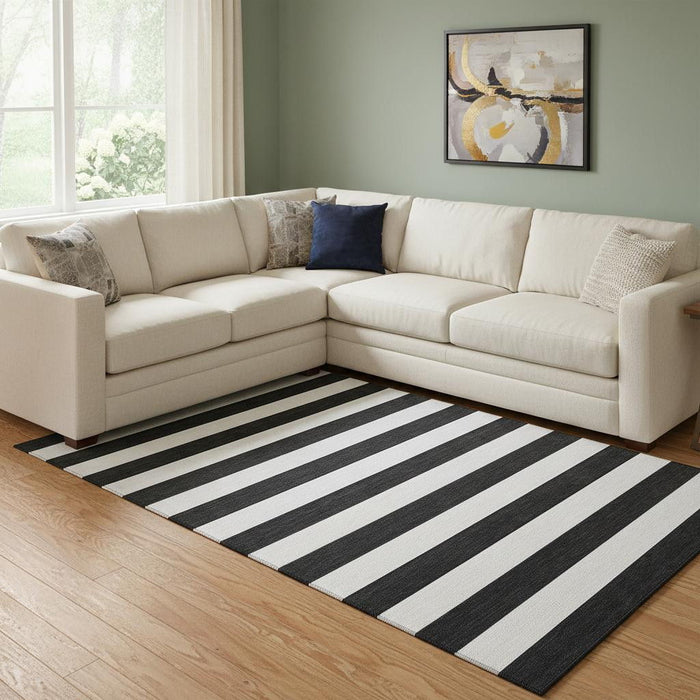 9' X 12' Striped Washable Area Rug With UV Protection (647565) - Black / Ivory