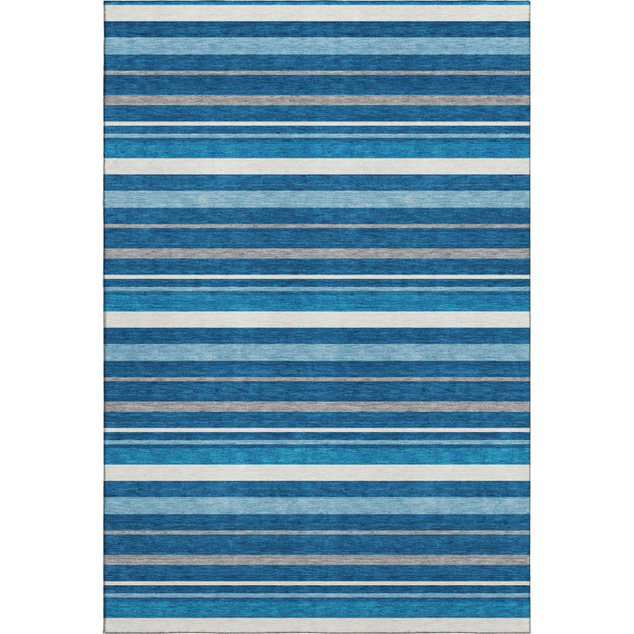 10' X 14' Striped Washable Area Rug With UV Protection (669913) - Denim Blue / Ivory / Gray