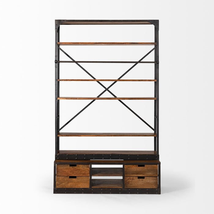 Four Tier Library Bookcase With Four Drawers - Black / Brown / Copper