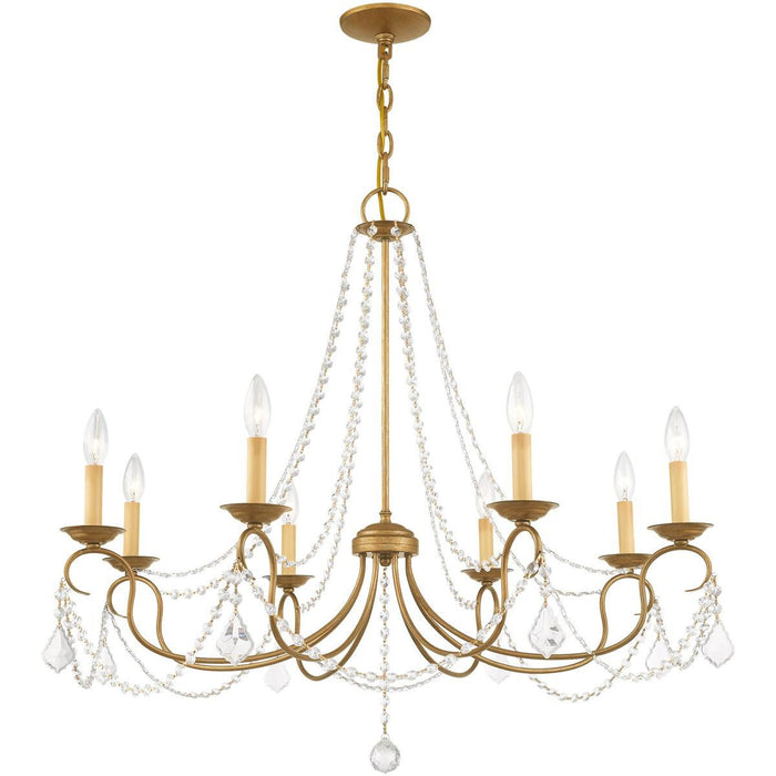 HomeRoots 28-inch eight-light dimmable chandelier with shades in antiqued gold finish, showcasing elegant lighting design.