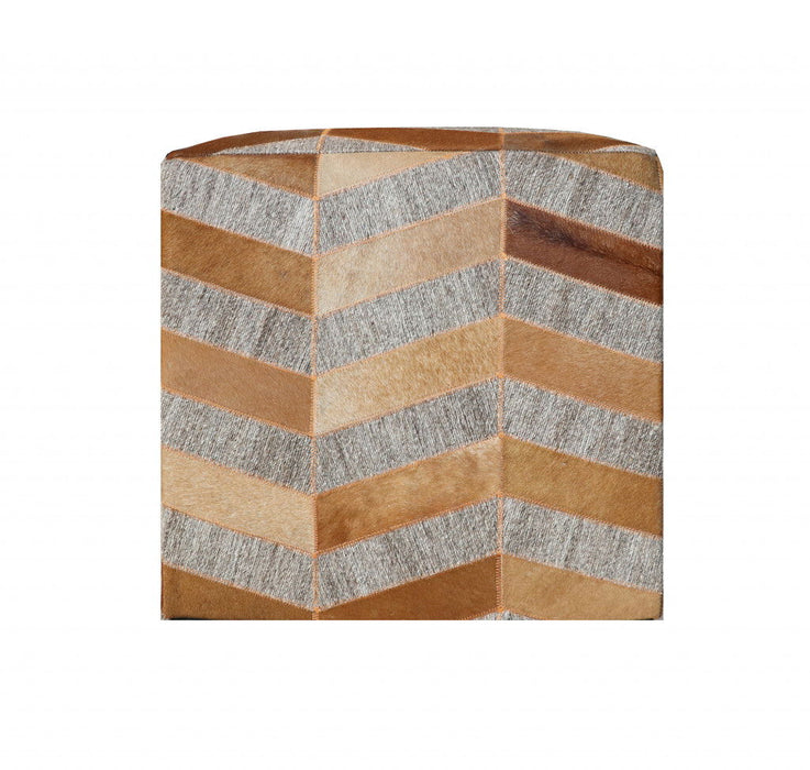 Hair on Hide Cube Chevron Pouf Ottoman - Gray And Bronze