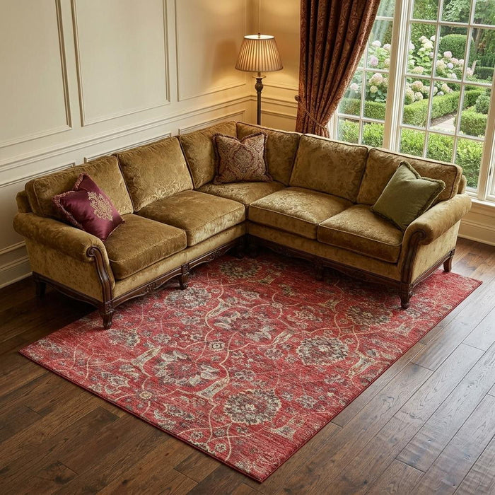 10' X 14' Floral Medallion Distressed Washable Area Rug With UV Protection (644592) - Red / Beige