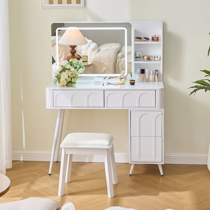 Wood Mirrored Four Drawer Vanity Table Lights - White