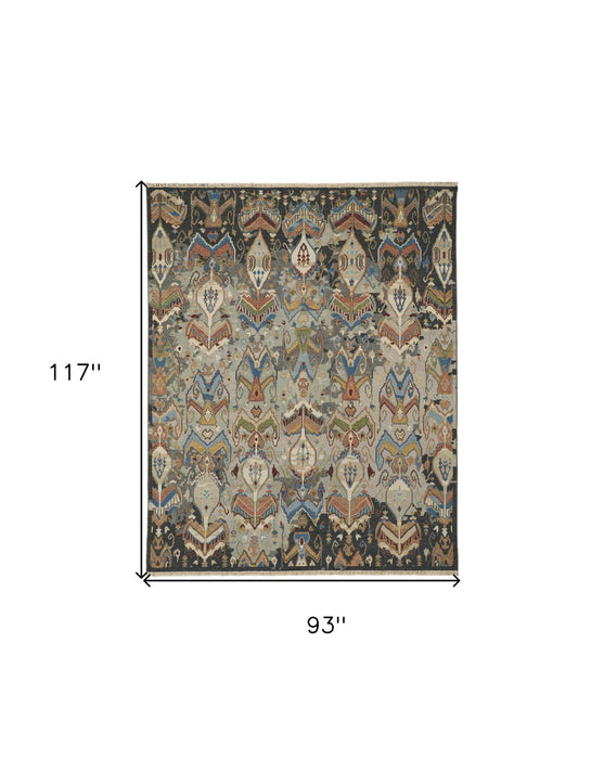 8' x 10' Wool Ikat Hand Knotted Area Rug With Fringe - Blue Gray And Brown