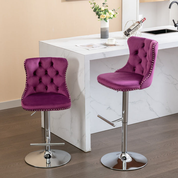 Set of two Giga modern upholstered swivel barstools with tufted backs, adjustable height 25-33 inches, for home pub and kitchen island.