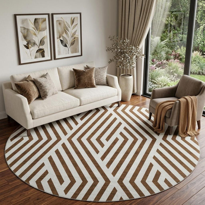 8' Geometric Washable Round Rug With UV Protection (648523) - Brown / Ivory