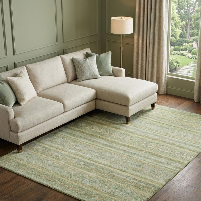 10' X 14' Striped Washable Area Rug With UV Protection (696182) - Green / Gold / Beige