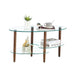 Giga transparent oval glass coffee table with oak wood legs and three-layer design, modern living room tea table with clear glass surface.