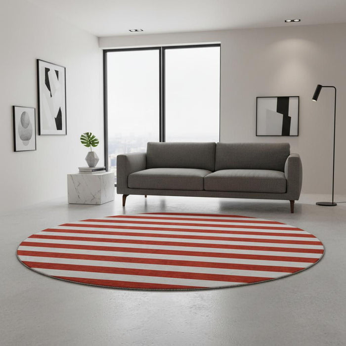8' Striped Washable Round Rug With UV Protection (647647) - Red / Ivory