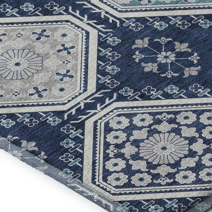 10' X 14' Floral Washable Area Rug With UV Protection (693744) - Navy Blue / Ivory