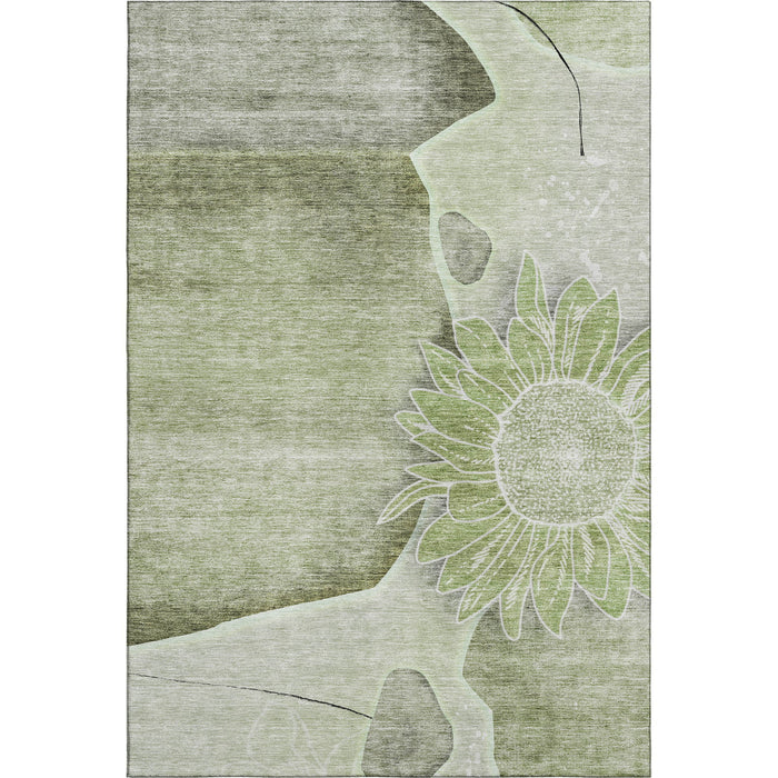 5' X 8' Floral Washable Area Rug With UV Protection (656779) - Artichoke Green / Gray / Ivory